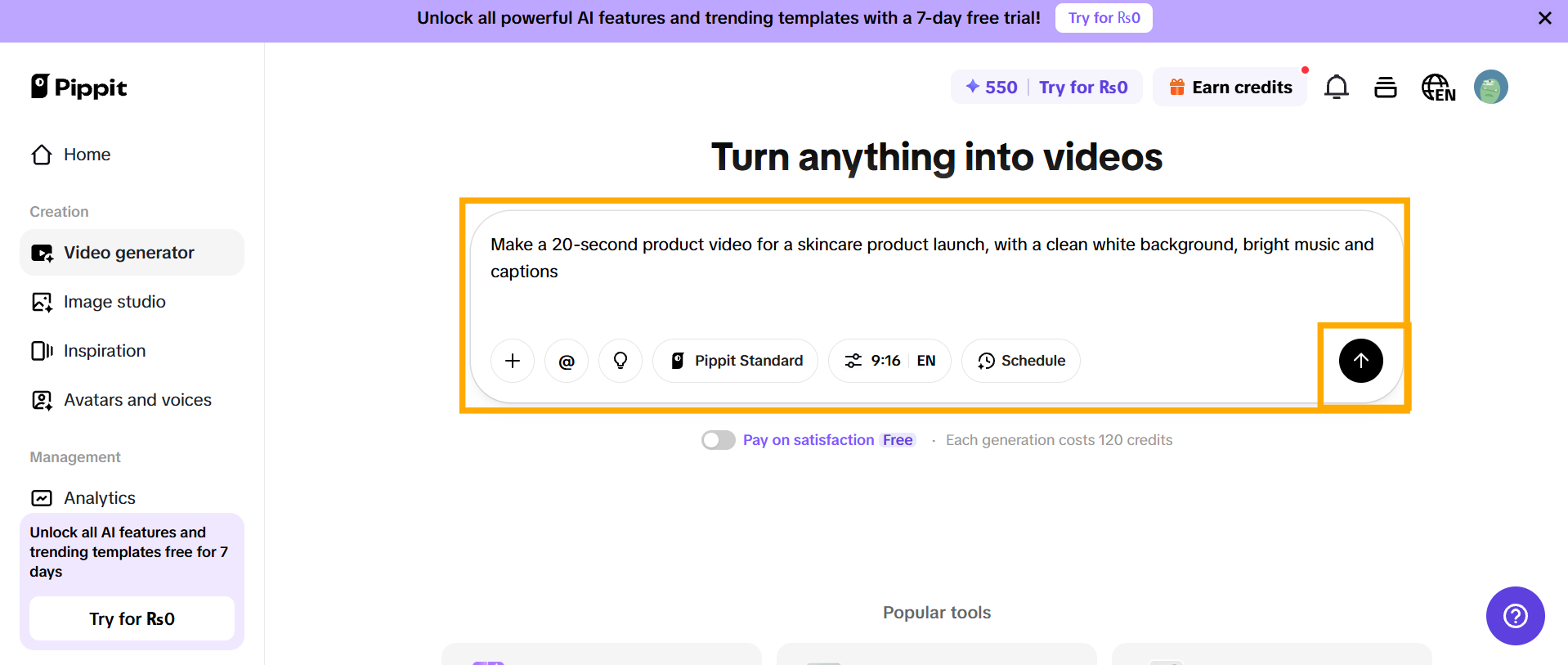 Pippit AI video oluşturma için komut kutusu ve yükleme seçenekleri
