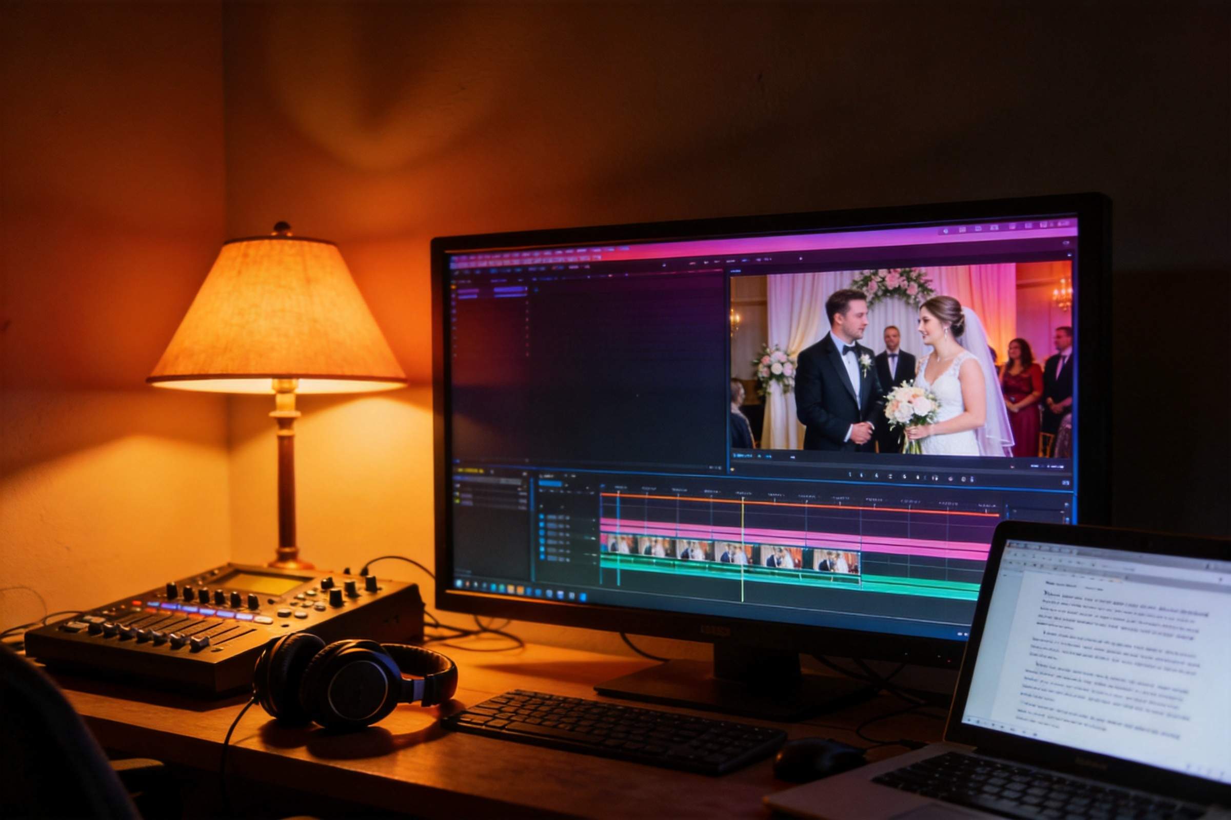 Wedding video editing workstation with a bride and groom on the monitor
