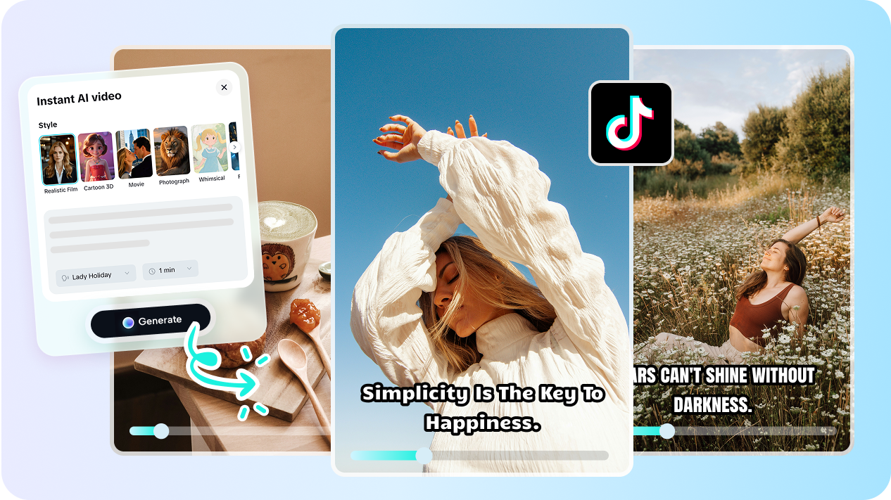  Create viral TikTok videos instantly using CapCut's free AI TikTok video generator.