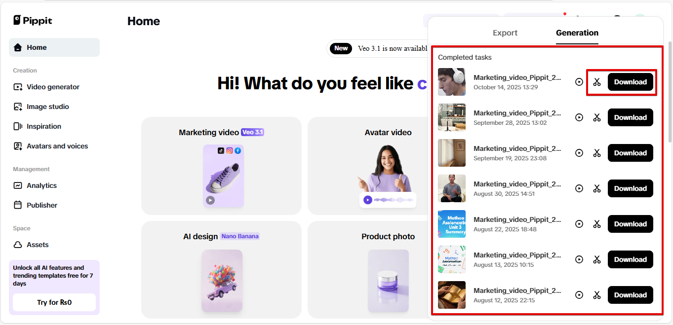 Exporting video from Pippit