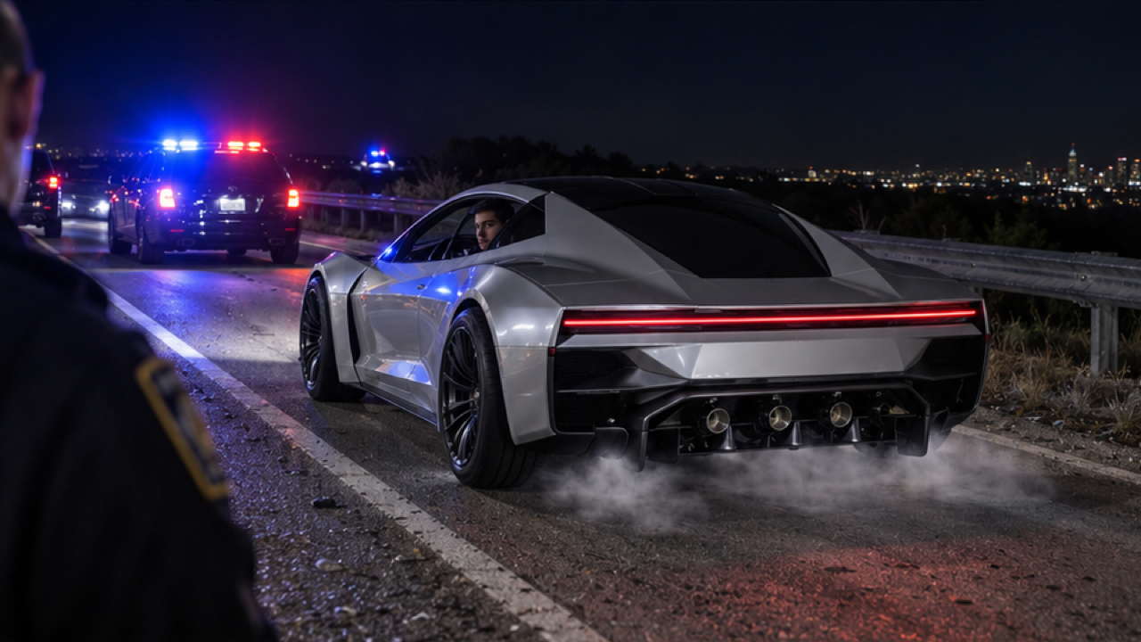 Un Roadster unghiular alb-argintiu pe un umăr nocturn pe marginea drumului, cu șoferul vizibil, un ofițer la marginea stângă și lumini de patrulare în spate, vapori subtili sub mașină