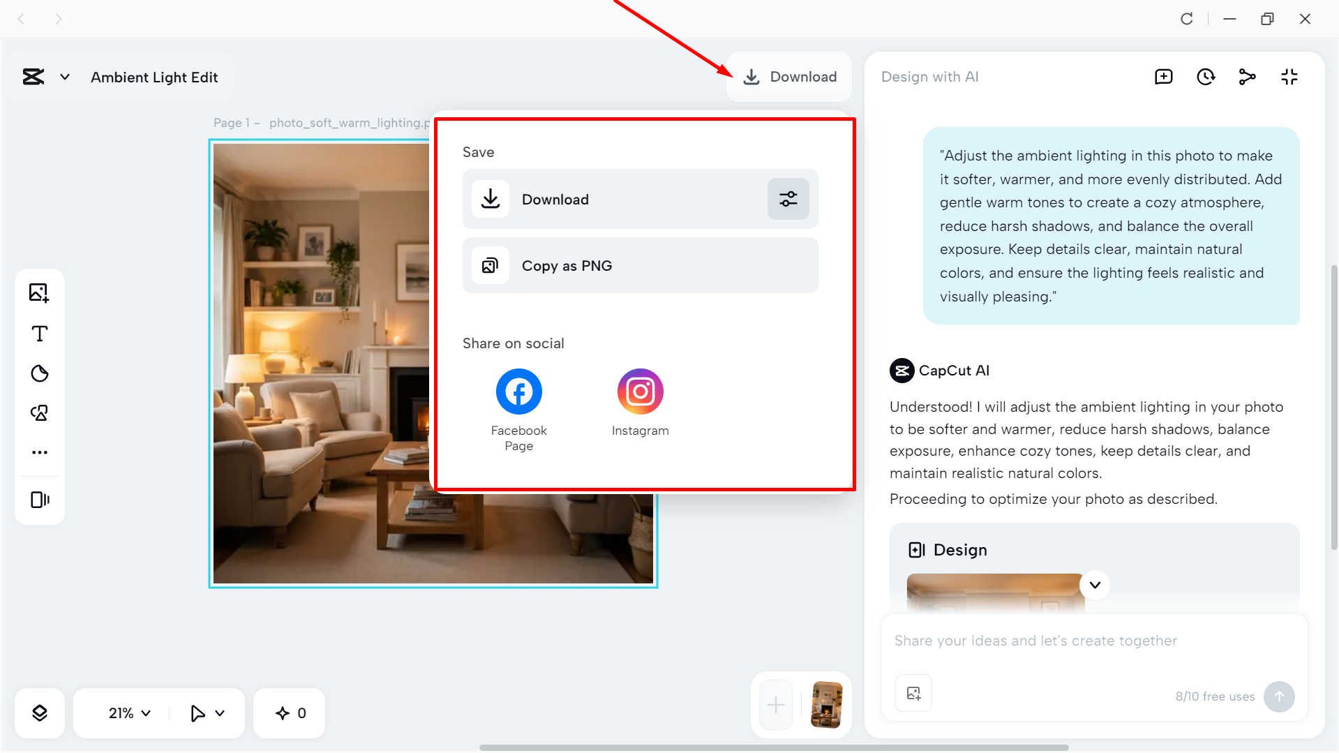 Download the edited ambient lighting photo from CapCut