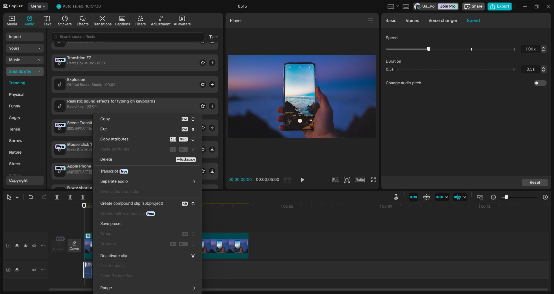 Interface of the CapCut desktop video editor - the perfect way to add notifications sound effects to a video