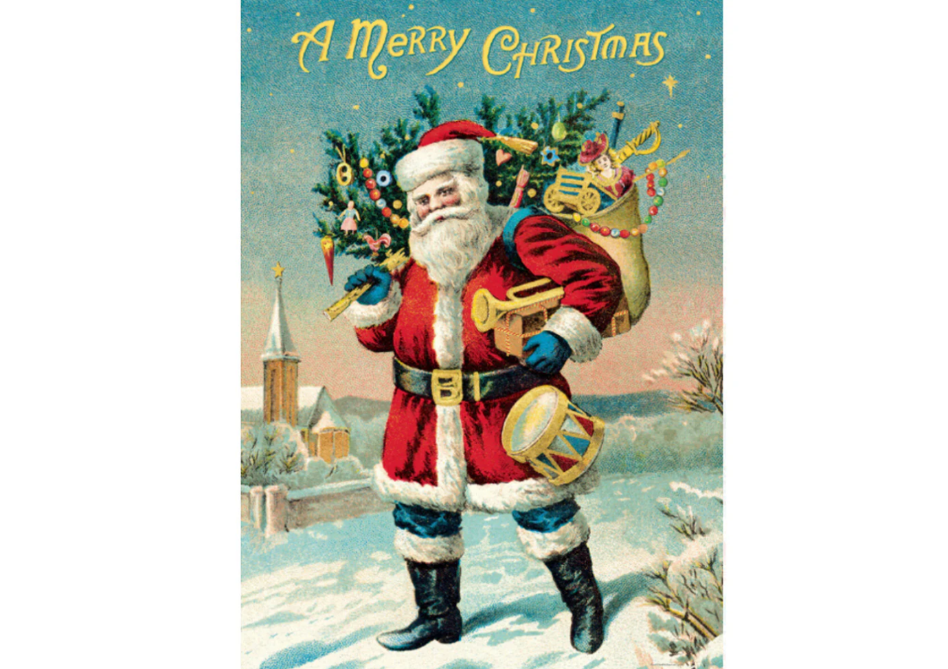 Classic Christmas poster with Santa, reindeer, and tree