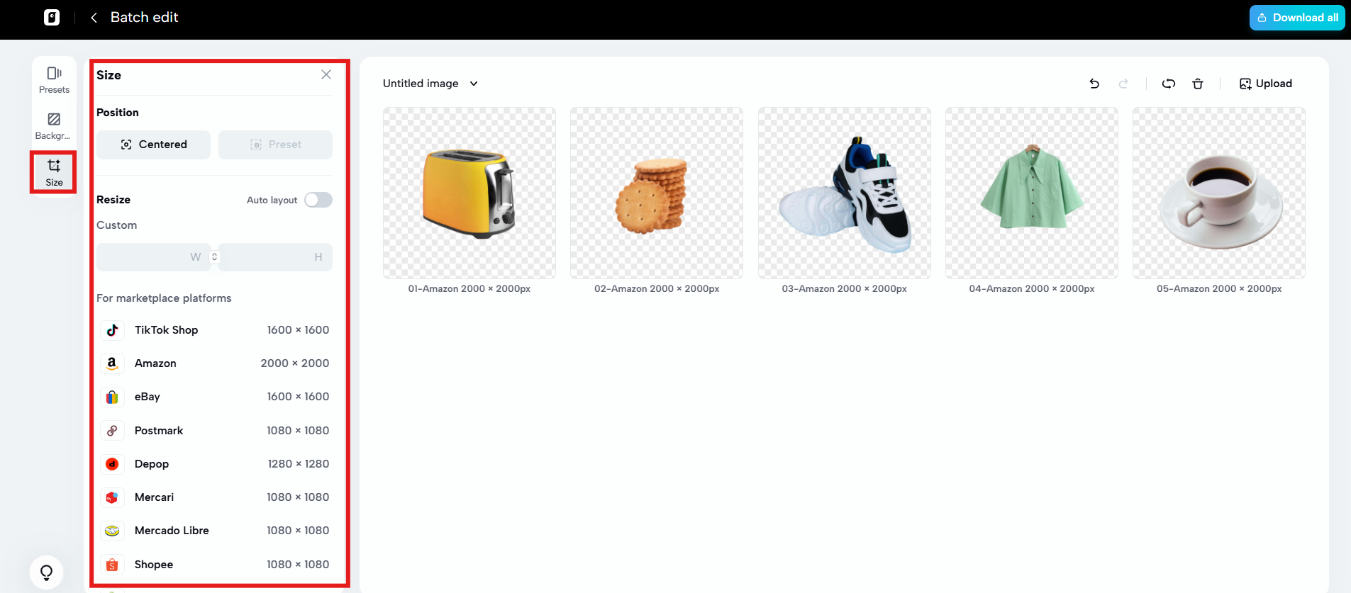 Define resize dimensions