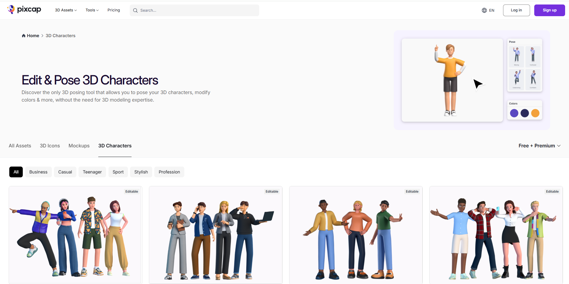 Schnittstelle von Pixcap - einem wertvollen Online-Charakterersteller