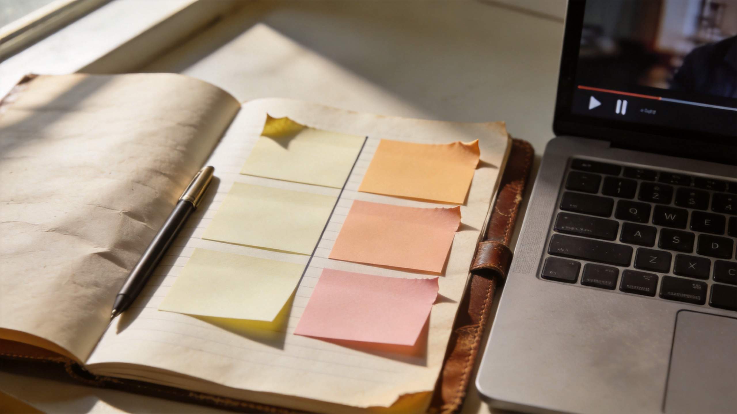 Notebook with a pen and colored sticky notes beside a laptop playing video