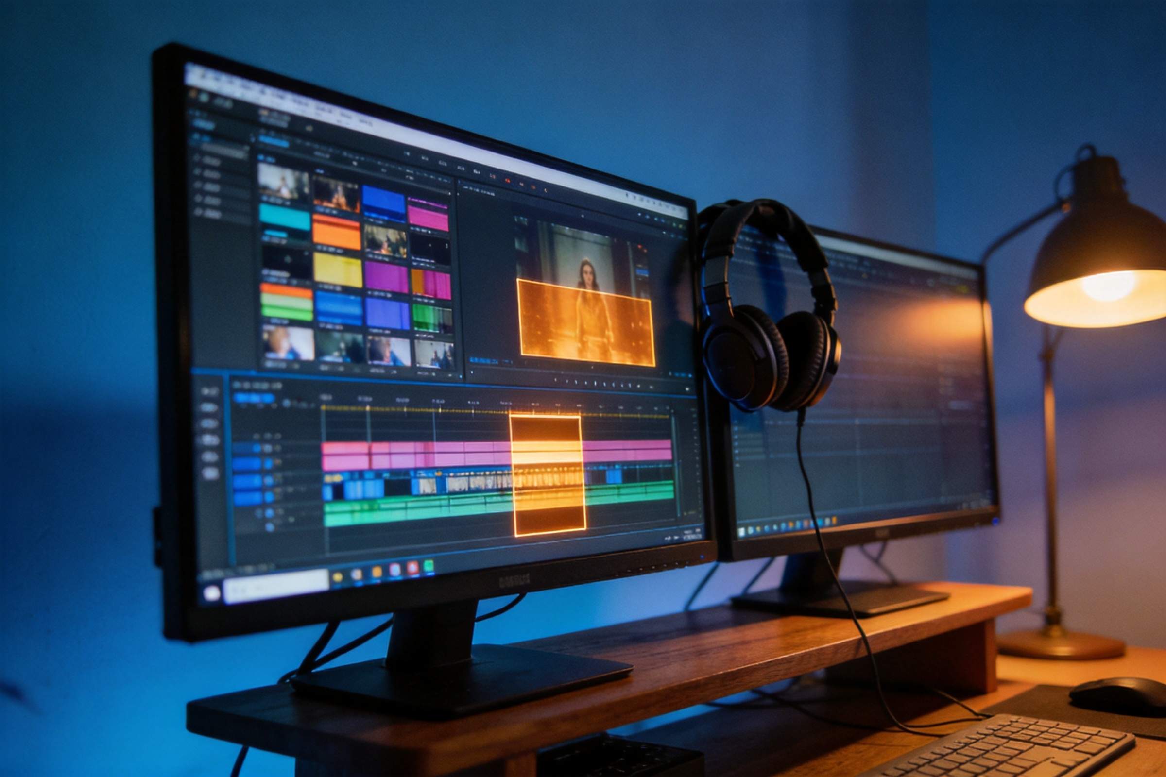Video editing software on dual monitors with a highlighted clip segment and timeline