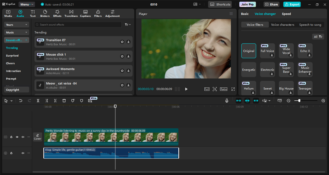 Interface of the Capcut desktop video editor - the best tool to add and enhance music in videos