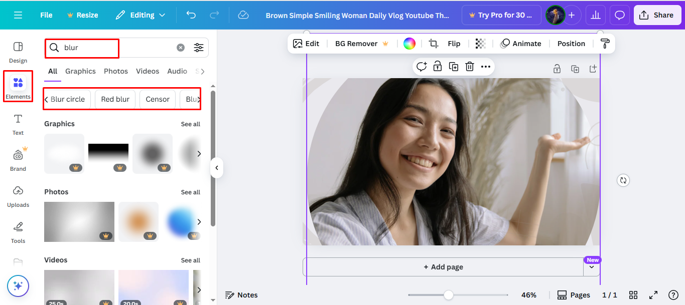 Zoeken naar een vervagingselement in Canva