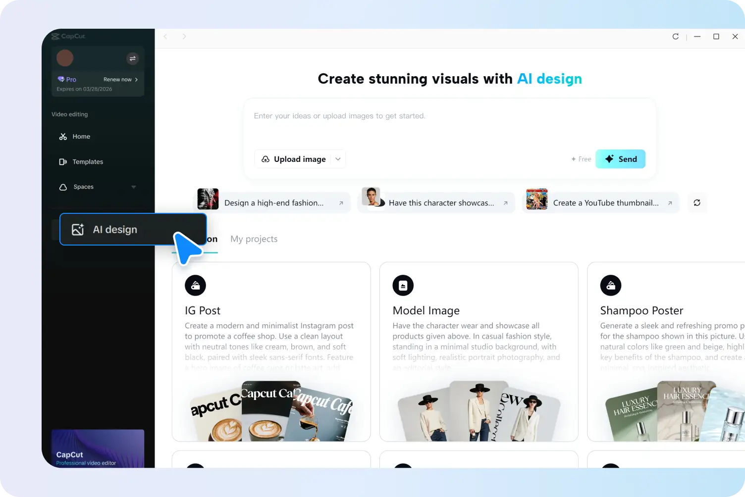Opening the CapCut AI design tool