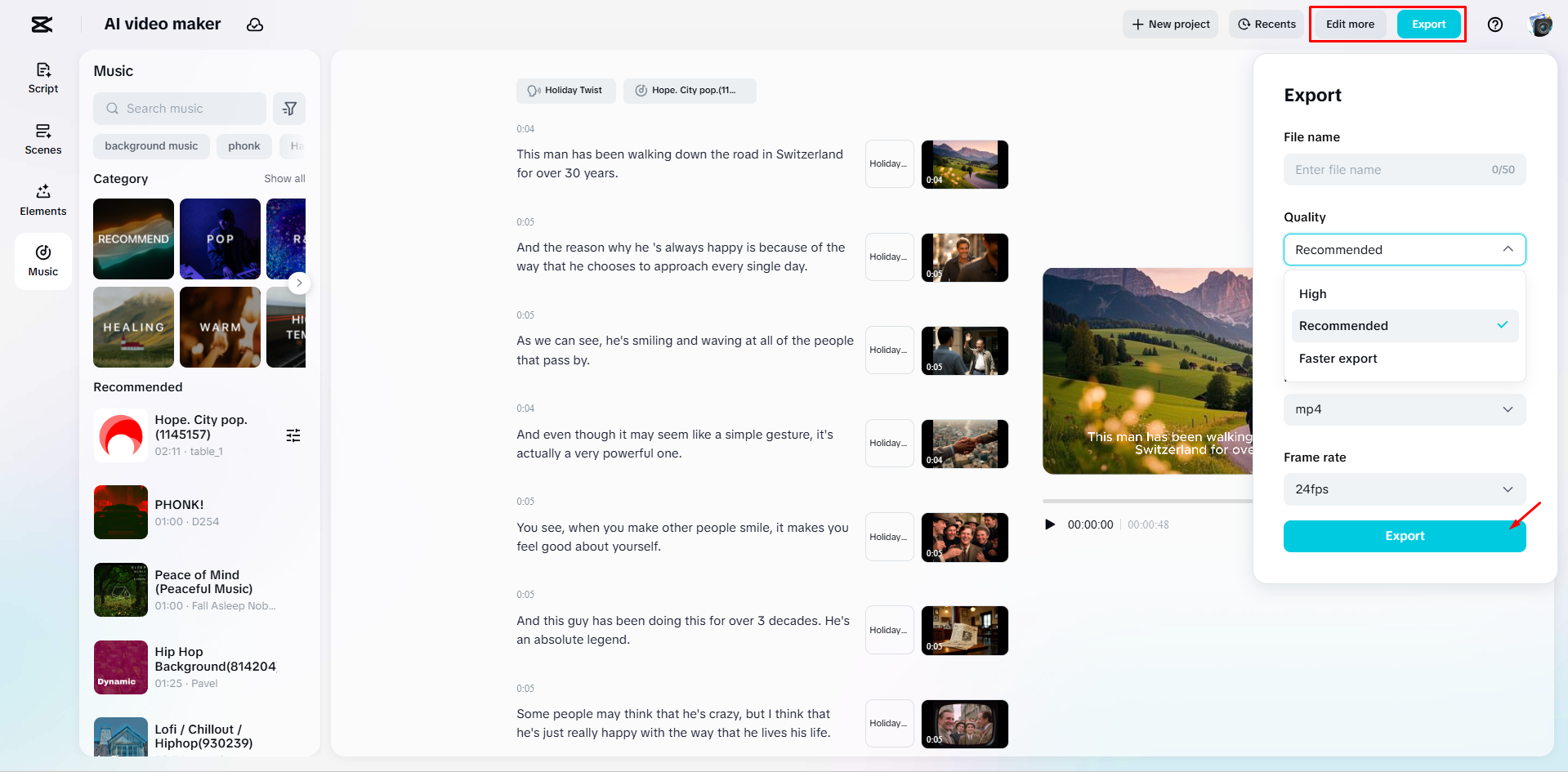Exporting the final video from CapCut's AI video maker
