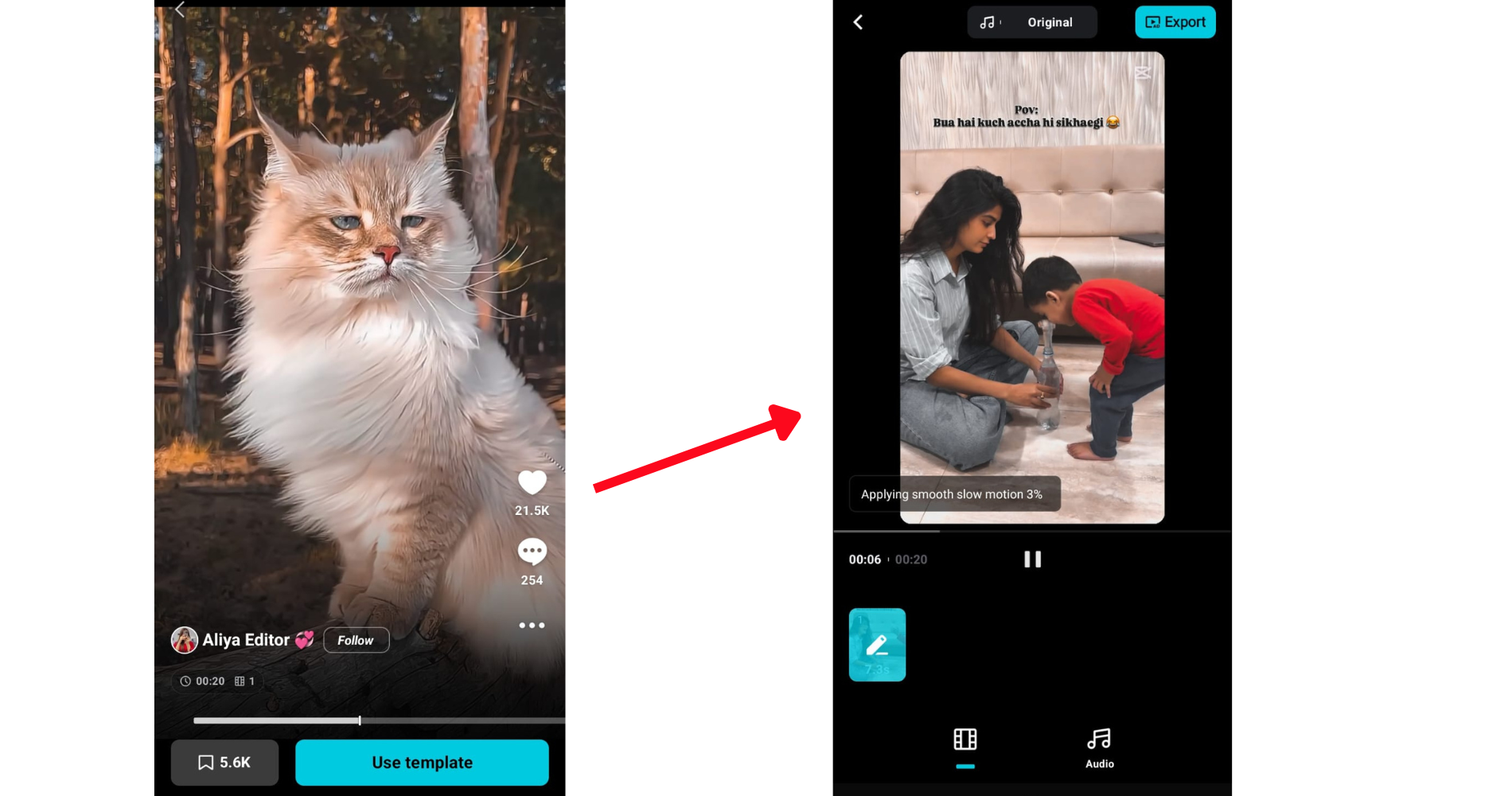 Image of customizing a template by adding effects and animations in the CapCut app