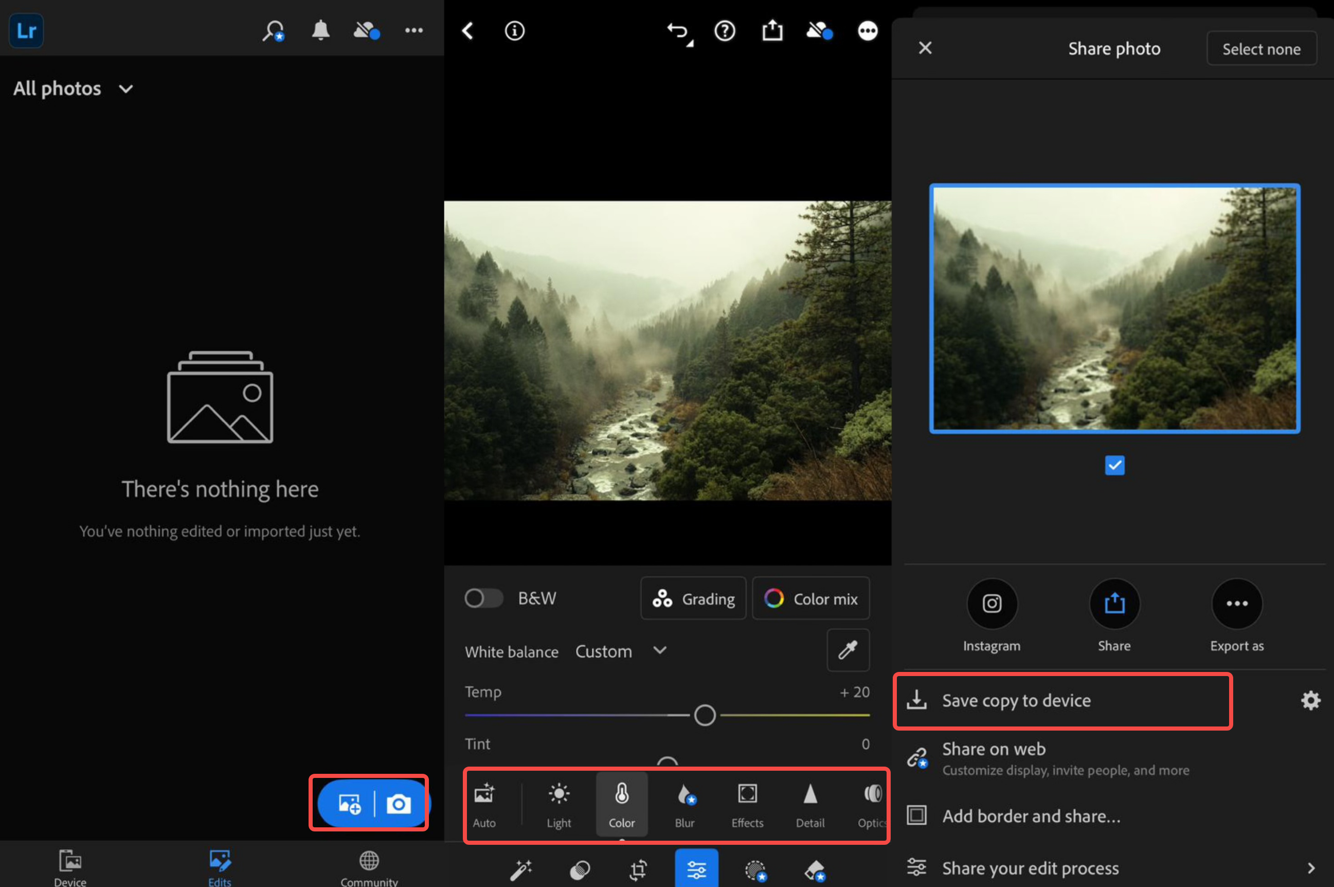 Finalizing the image in Adobe Lightroom photo editor app