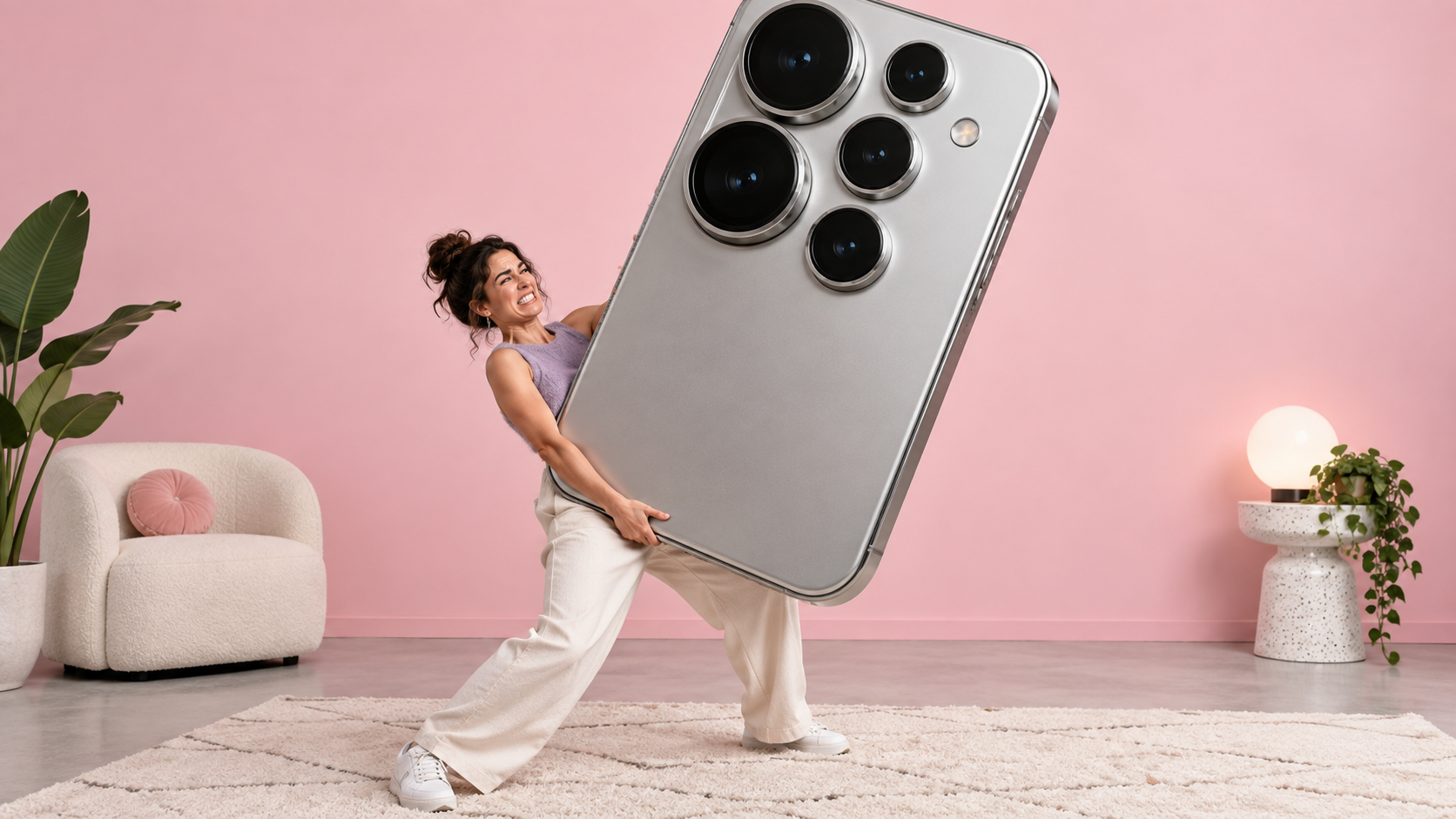 a clearly fictional oversized-phone parody using scale comedy, exaggerated cameras, original adult subjects, and no real product claims