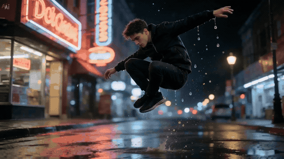 Person frozen midair above a wet neon-lit street at night