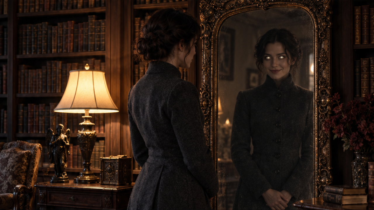 An adult woman in a high-neck charcoal coat beside an antique library mirror, reflection has pale eyes and a subtle uncanny smile, warm lamplight