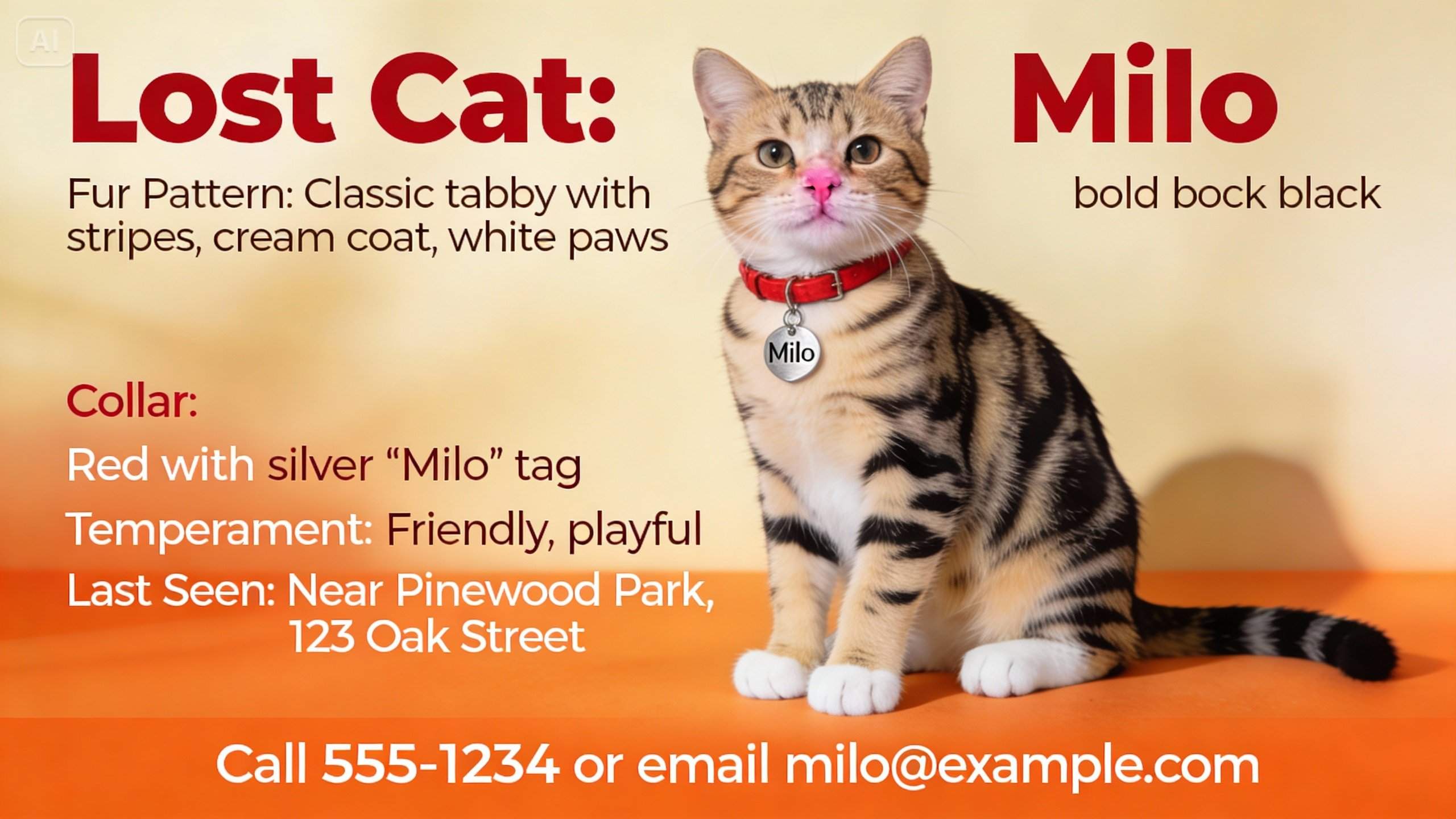 missing pet poster of a tabby cat with marks