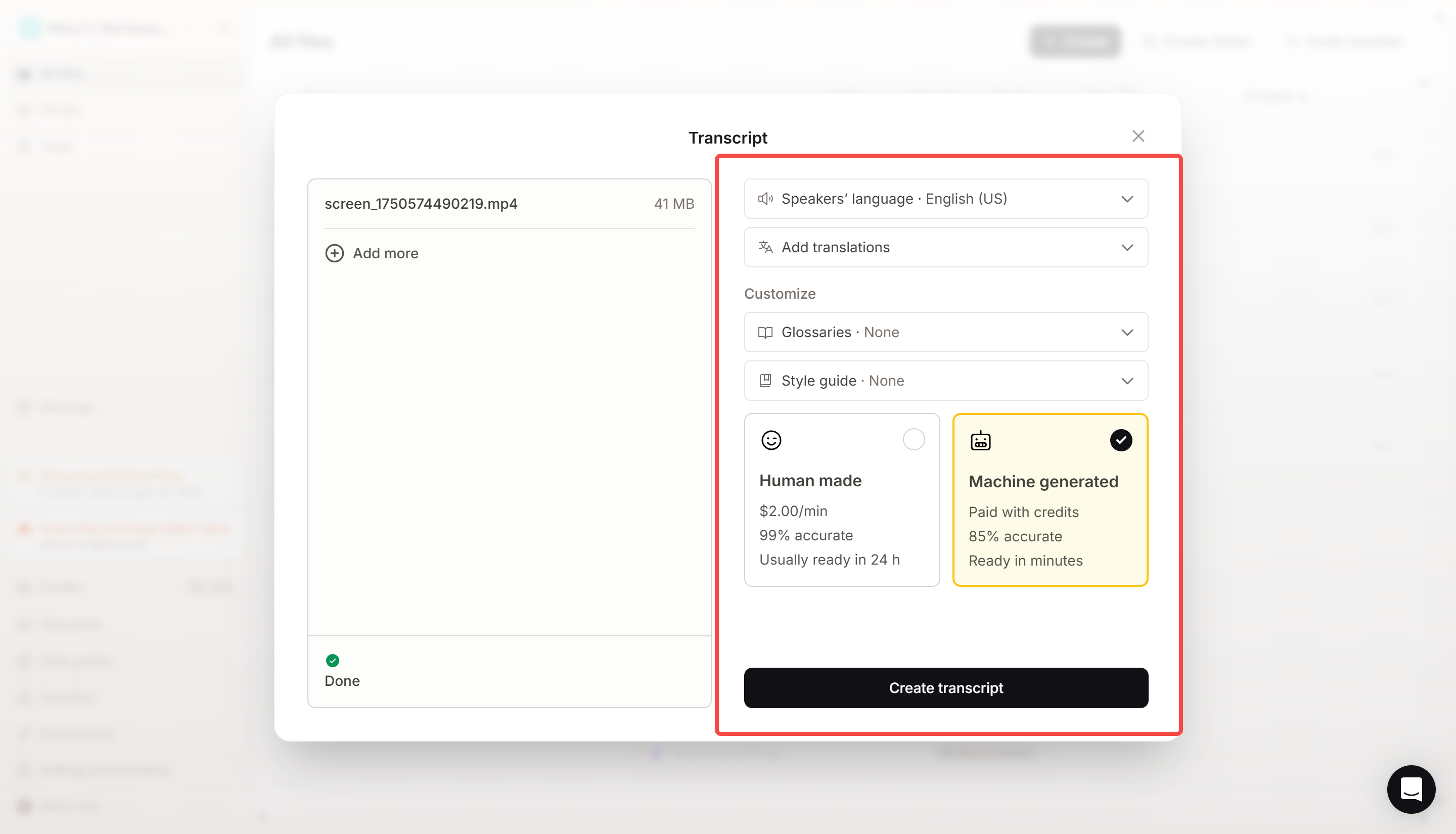 Using the Happy Scribe transcription feature