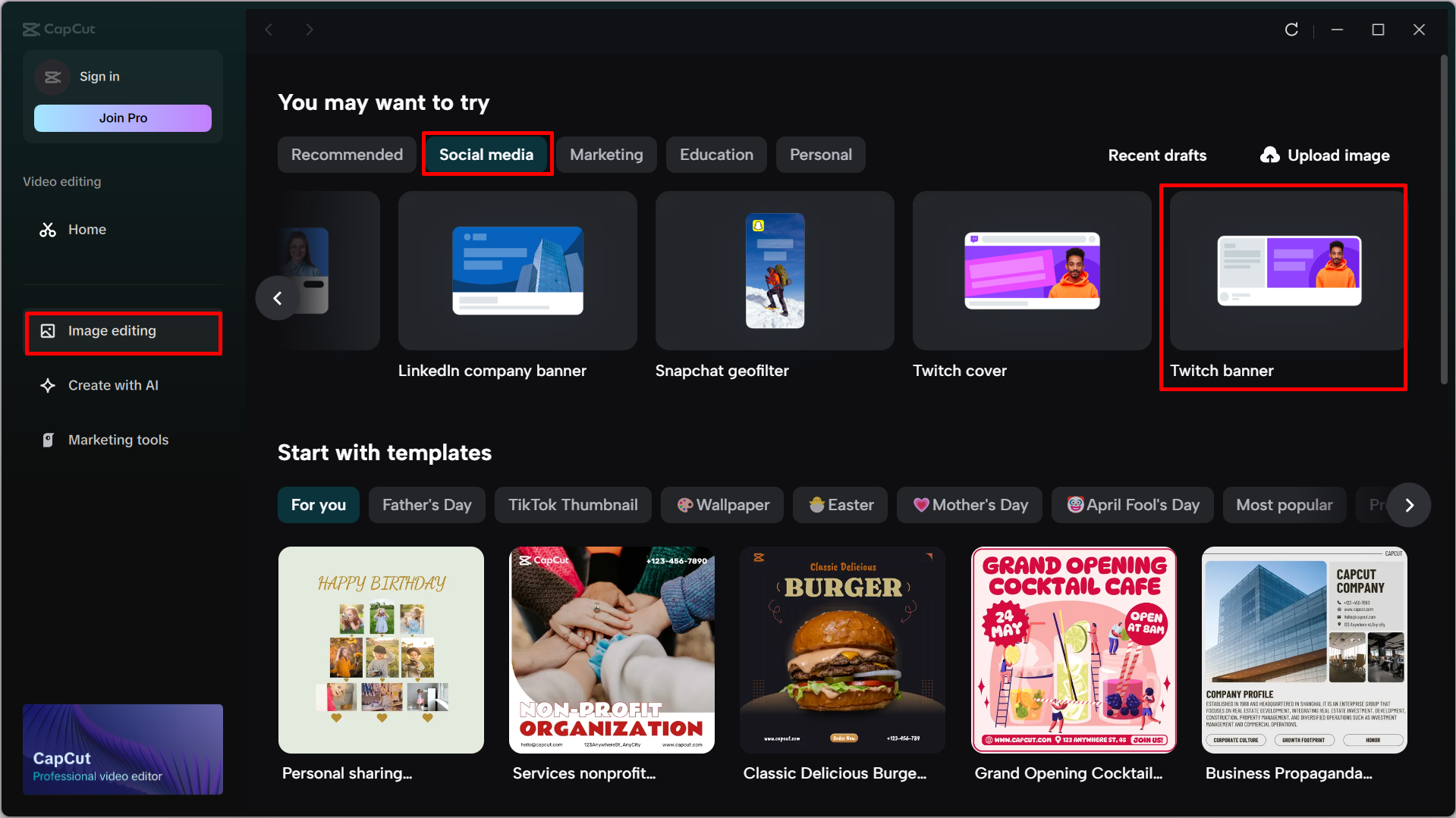 Choosing the banner template for Twitch