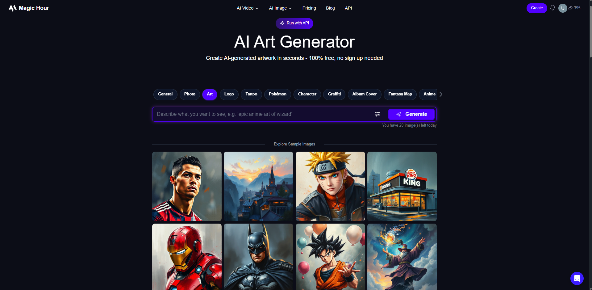 Rozhraní nástroje Magic Hour AI - nejoblíbenějšího generátoru AI obrázků bez registrace.