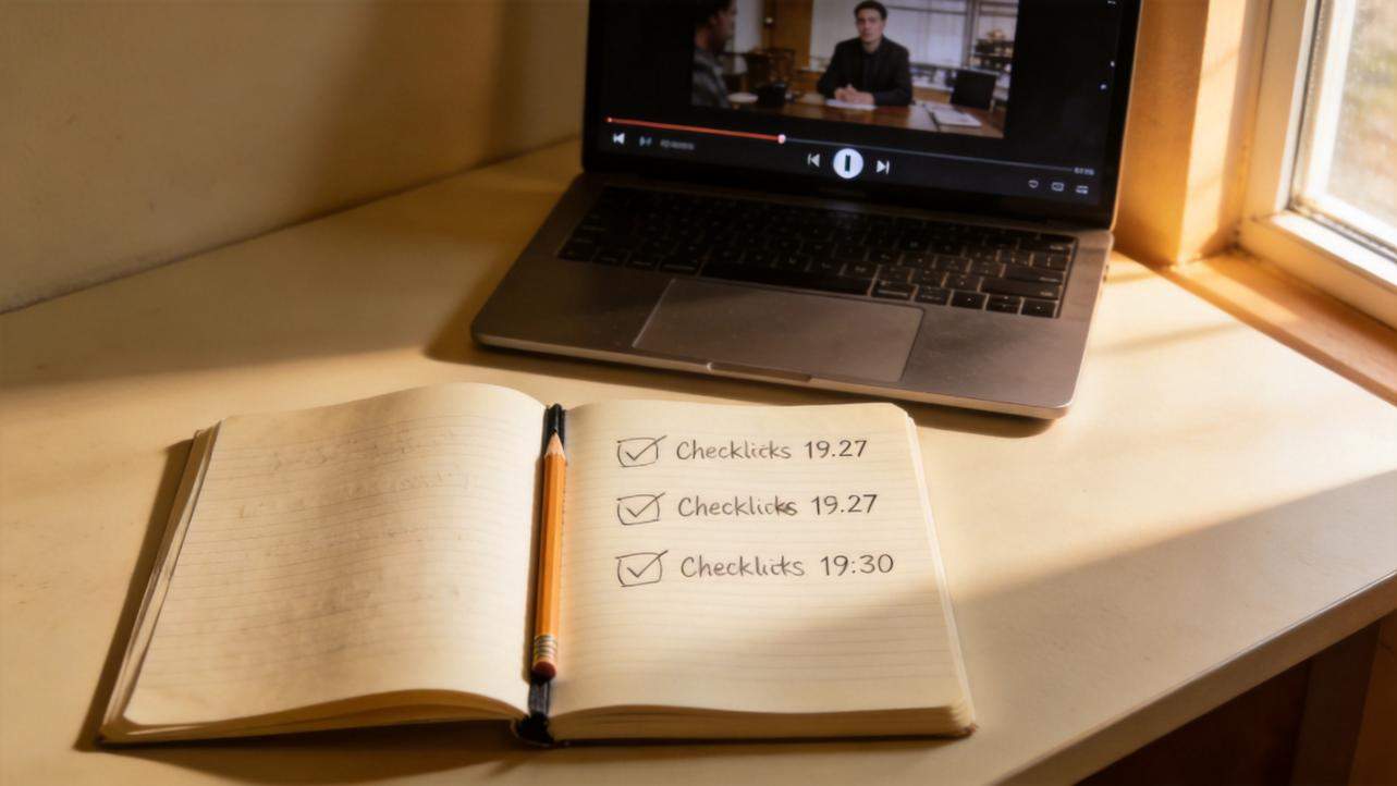 Notebook with checked subtitle timestamps beside a laptop playing a video