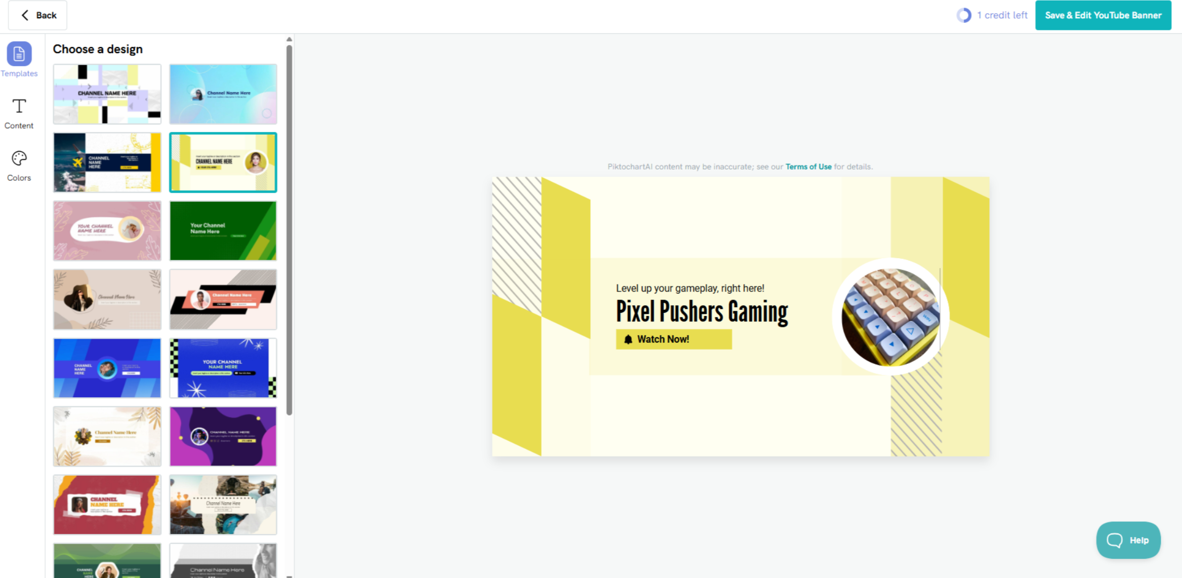 Interface of Piktochart - a free AI YouTube banner generator 