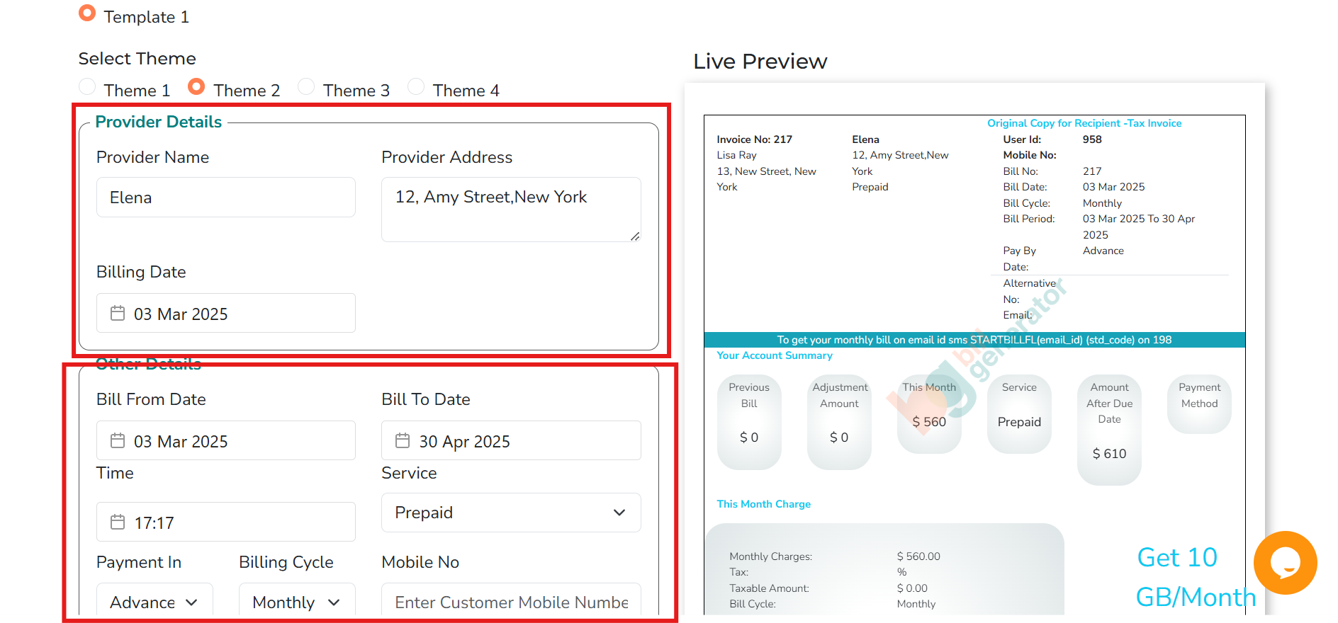 Customize the details for bill generation online