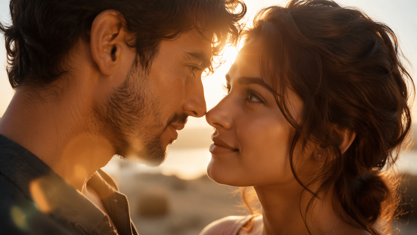 Dreamina Paar Augen AI Foto Prompt Beispiel 6: Golden-Hour Couple Gaze