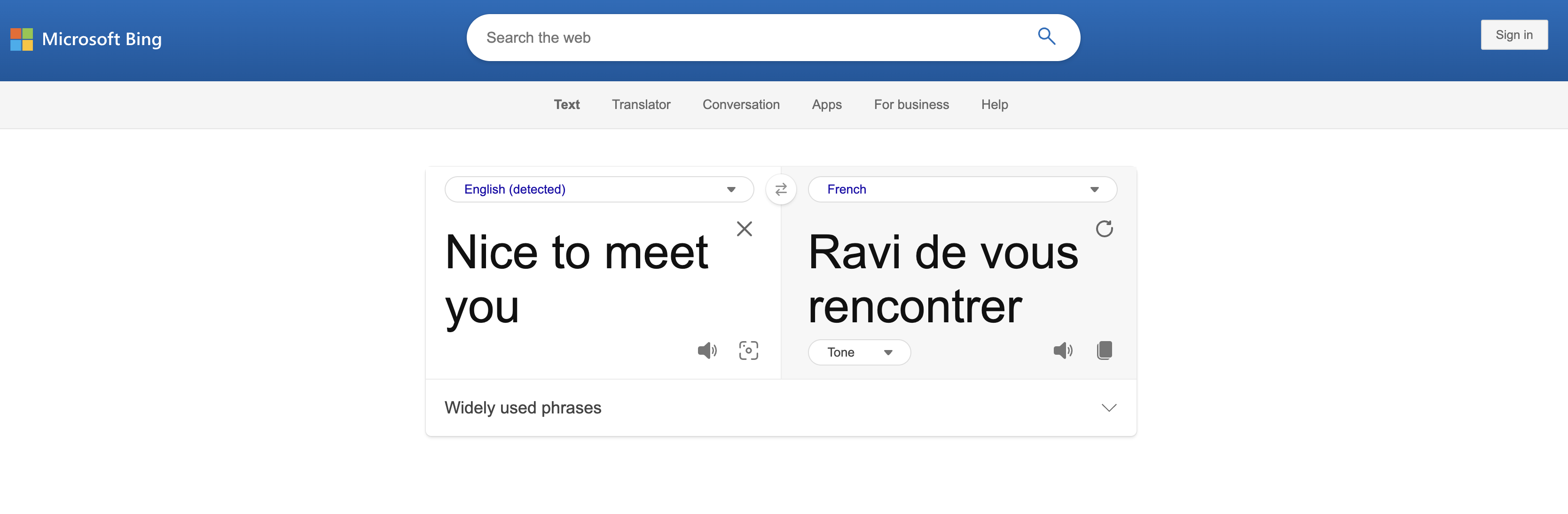 Microsoft translator online English to French translator