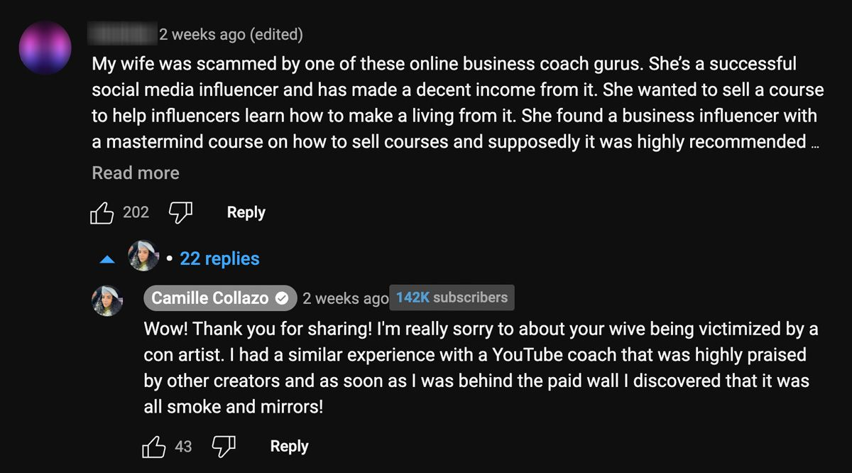 Secțiunea de comentarii YouTube cu creatorul răspunzând spectatorilor