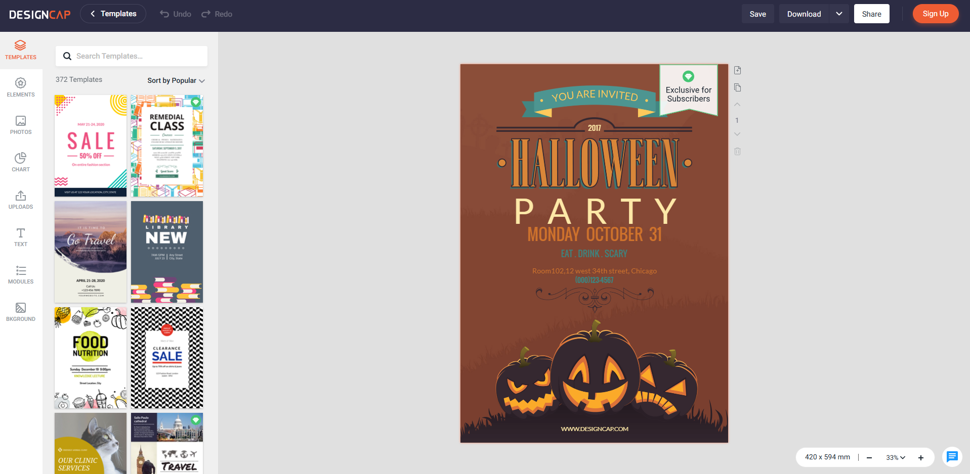 Interface of DesignCap - a tool with diverse event poster designs