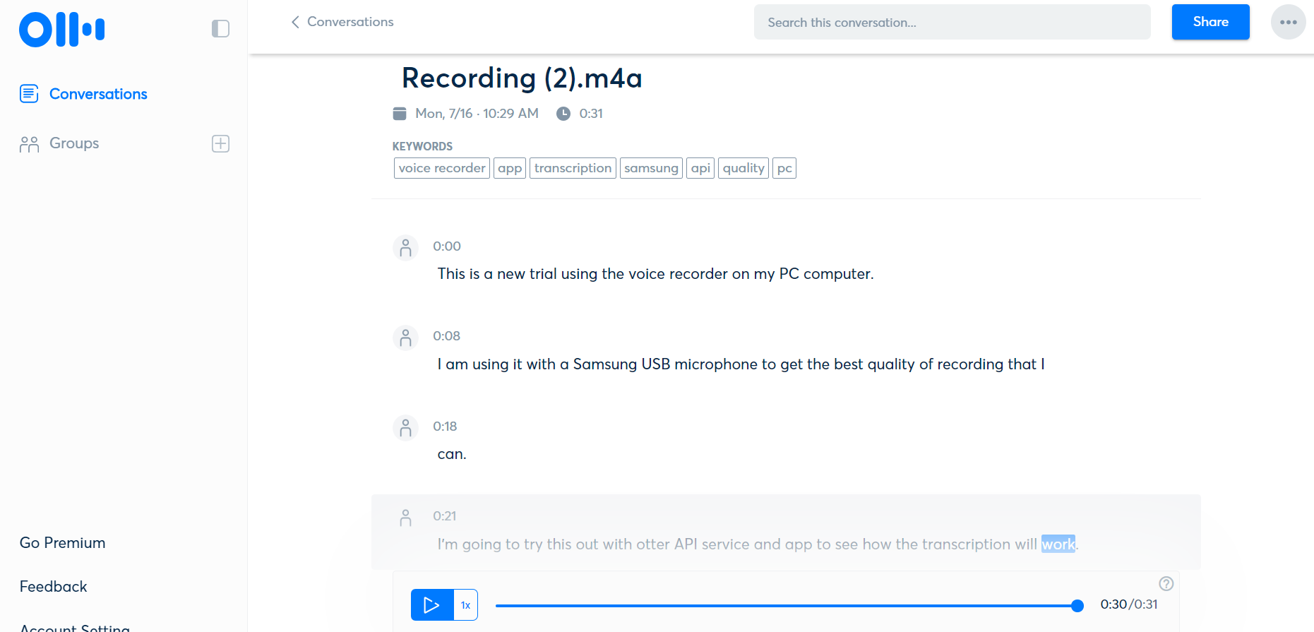 Interface of Otter.ai - the perfect online audio to text converter