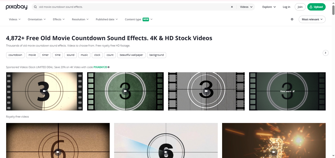 Interface of Pixabay - the excellent tool to get old film projector sound effects