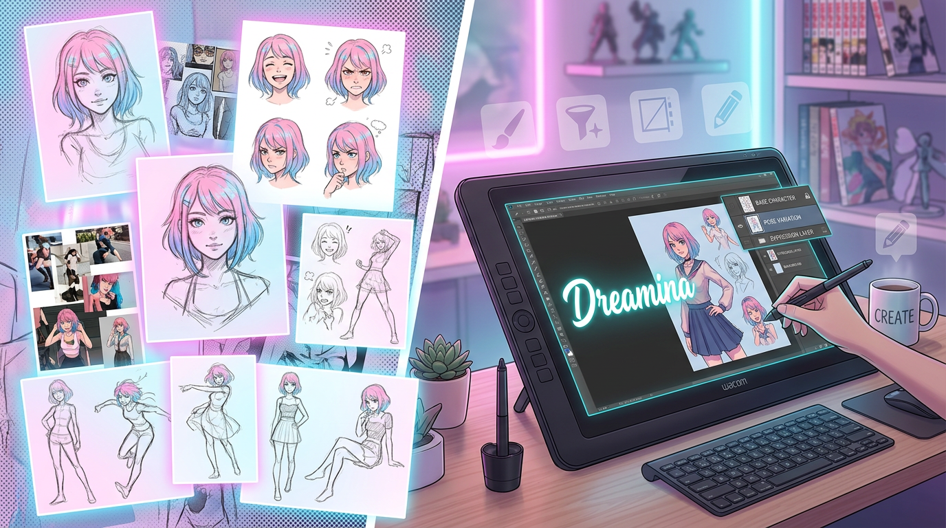 Dreamina AI 캐릭터 생성기 인터페이스 - 포즈 워킹 사전 설정이 있는 기본 캐릭터 선택 및 애니메이션 캐릭터 디자인을 위한 버튼 만들기