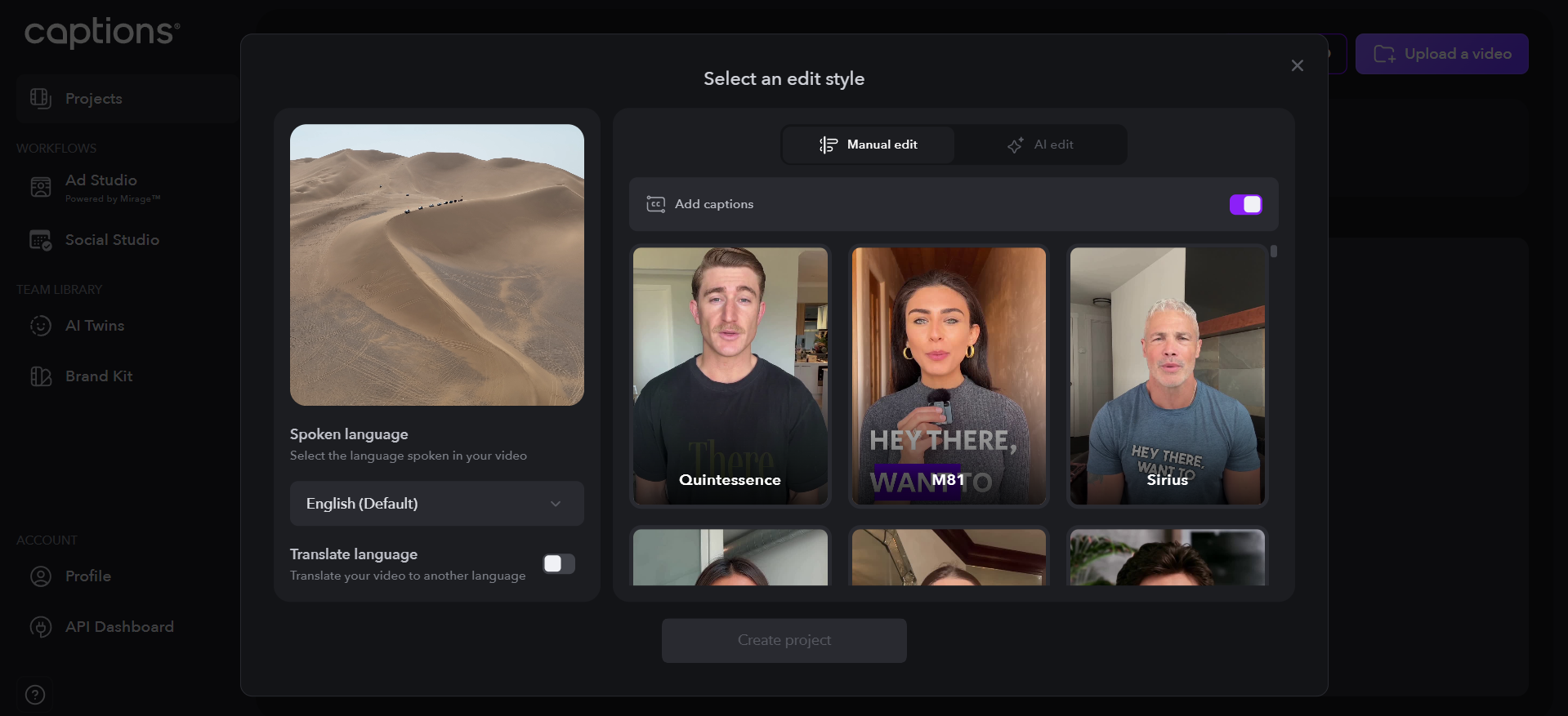 Interface do Captions.AI