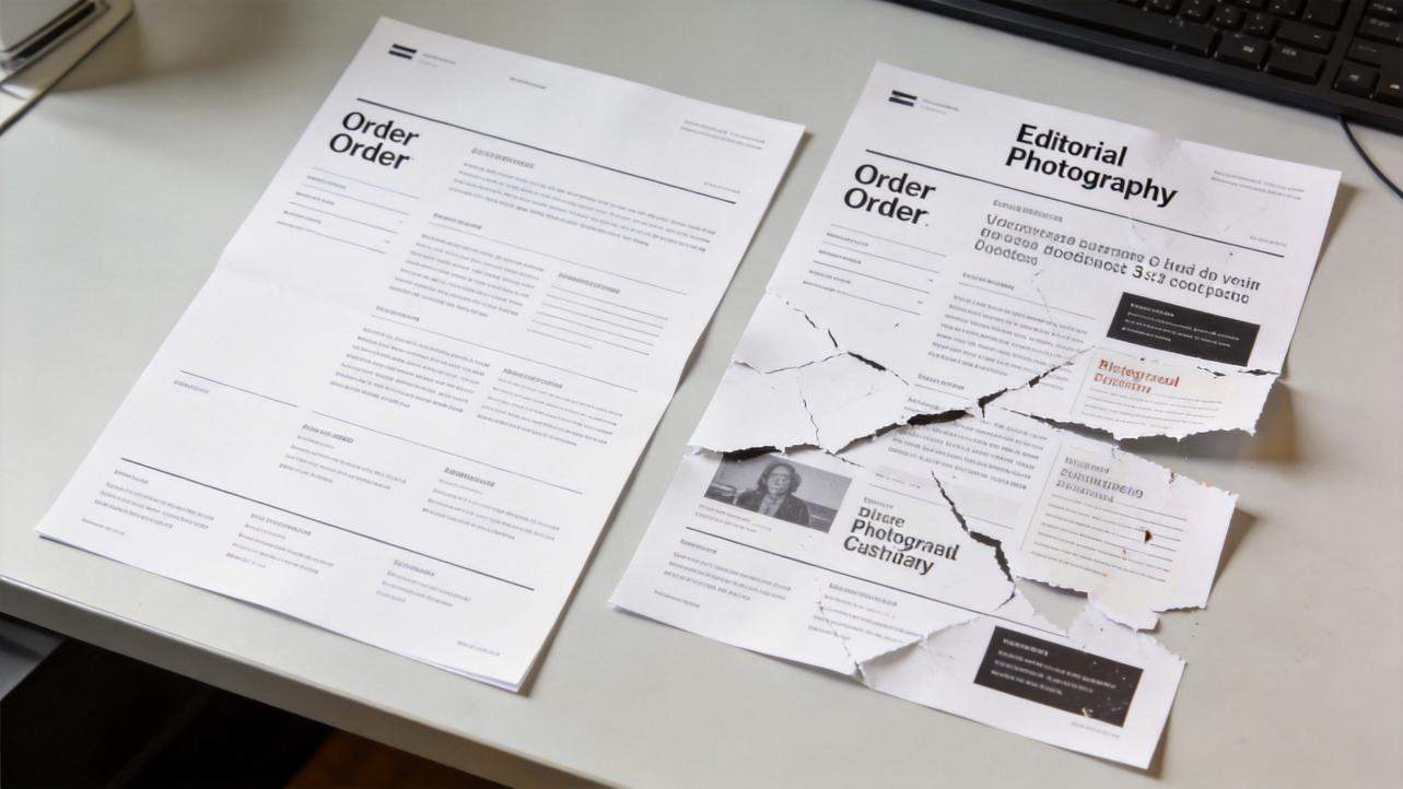 Two flyer layouts on a desk, one intact and one torn into editable sections