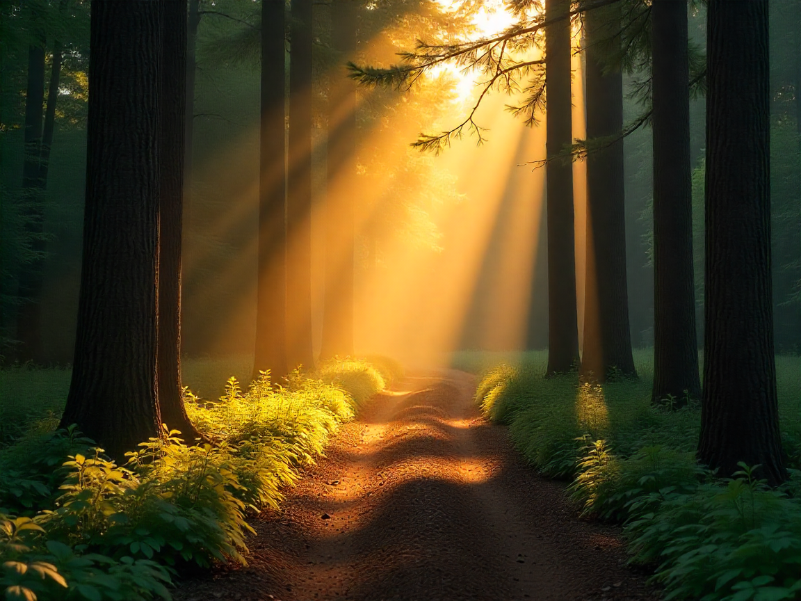 Altın ışınlarla dolu orman yolu