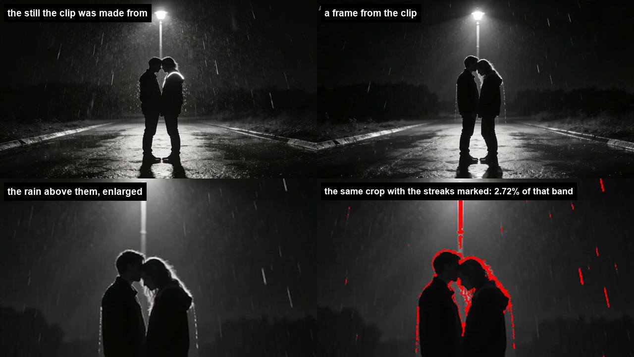 Four panels: a still of a couple embracing under a street light in heavy rain, a frame from the animated clip, an enlarged crop of the rain above them, and the same crop with the bright streaks marked in red.