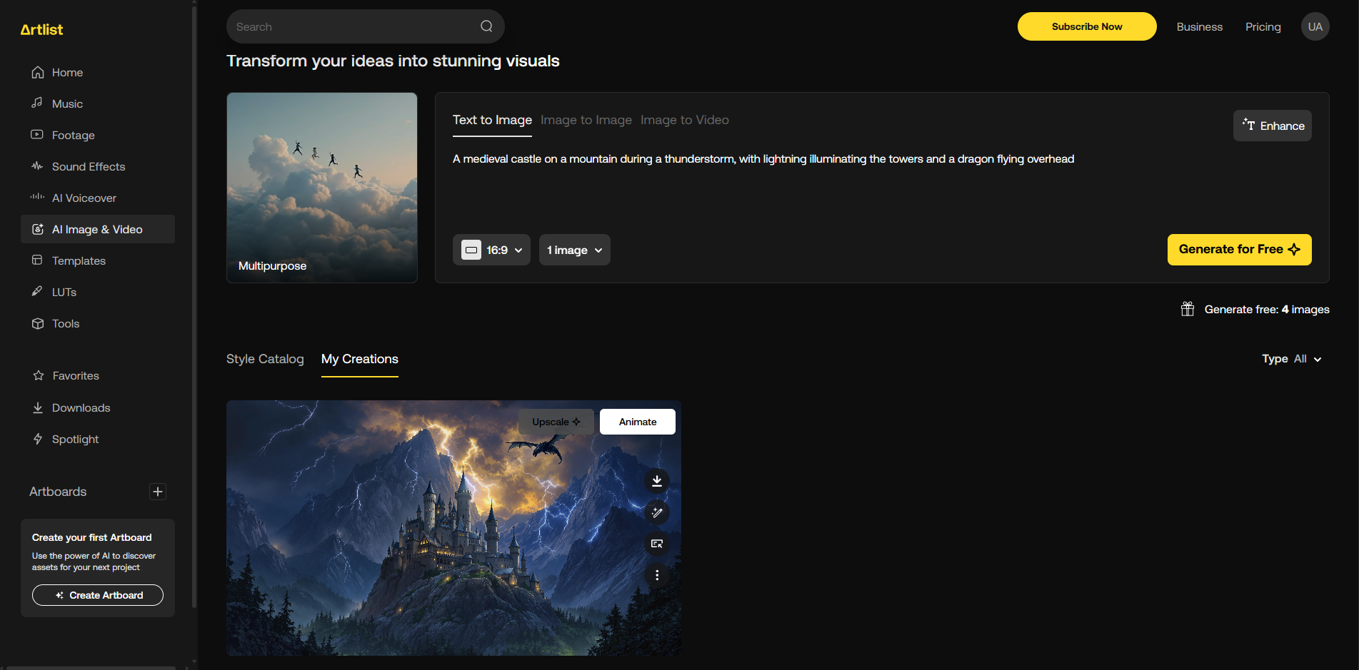 Interface of Artlist - an efficient AI text to image generator