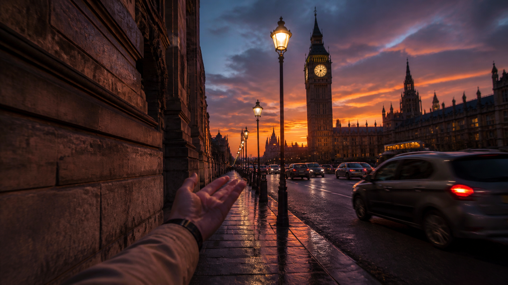 Main Character POV AI Video prompt example 3 - Main Character POV wide establishing shot