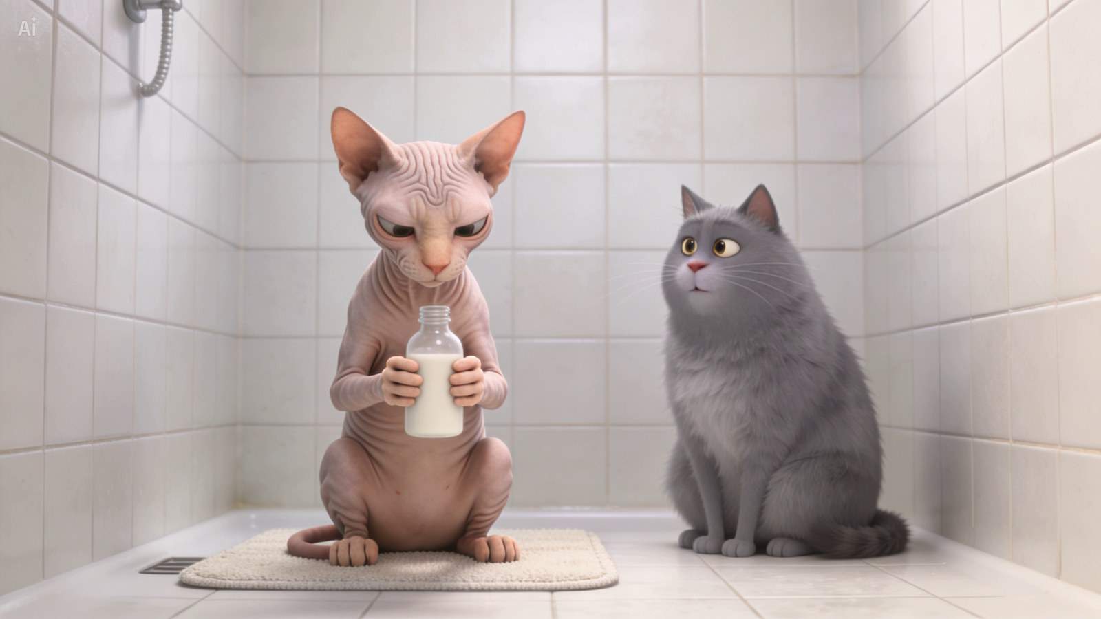 A generated still of two 3D cartoon cats in a tiled bathroom: a hairless cat on a bath mat holding a plain unlabelled bottle, and a fluffy gray cat sitting to the right watching it.