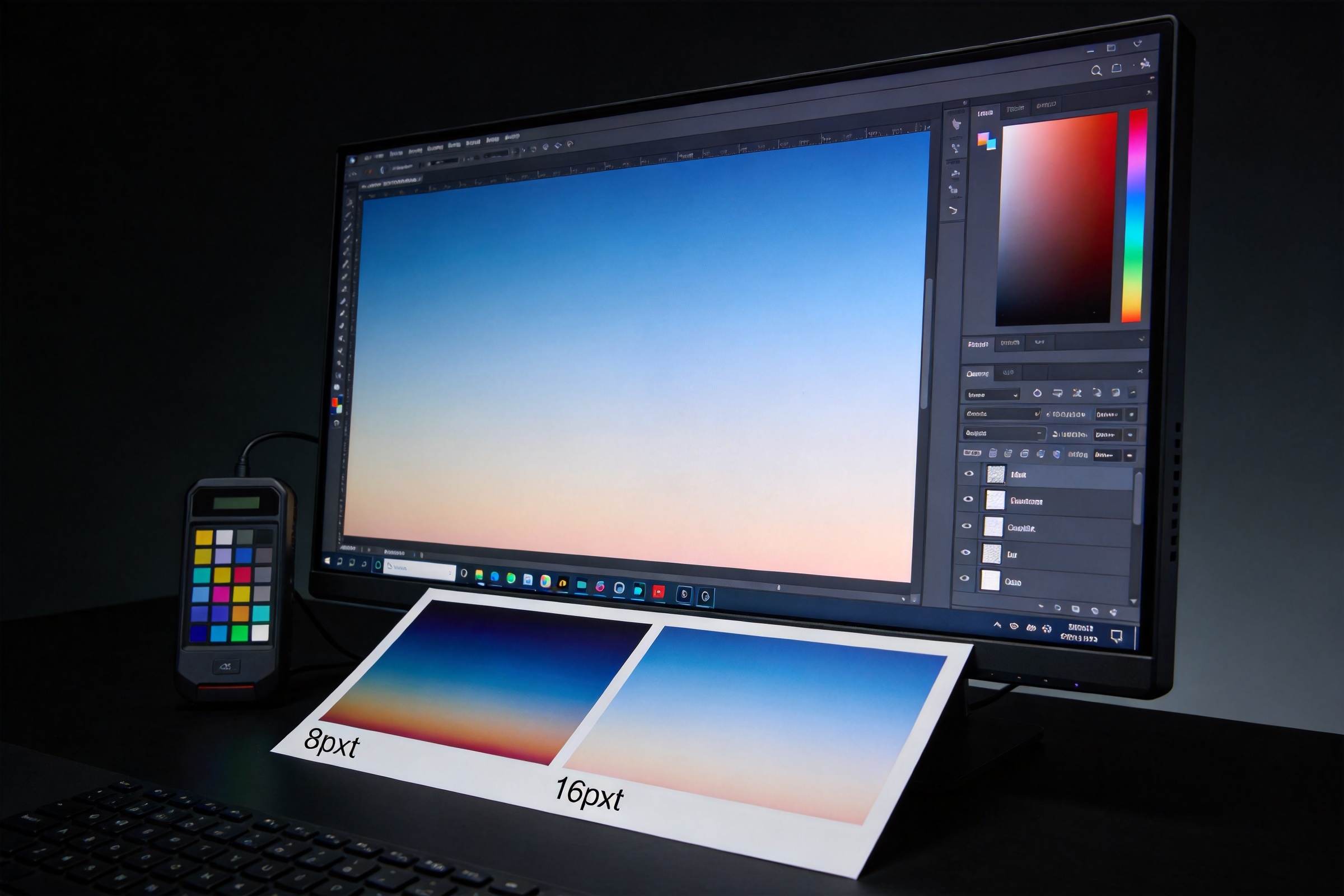 Monitor showing a gradient image beside 8-bit and 16-bit color samples