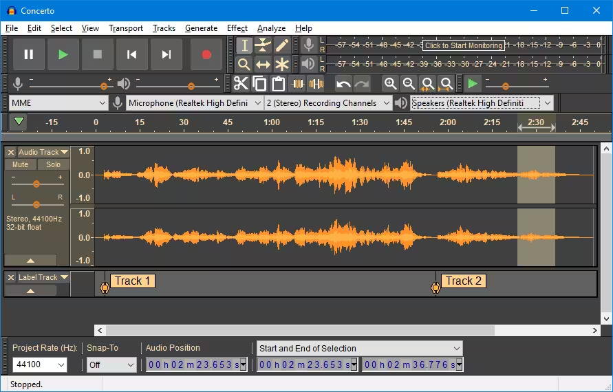 Audacity audio editor showing a stereo waveform with a selected section on the timeline.