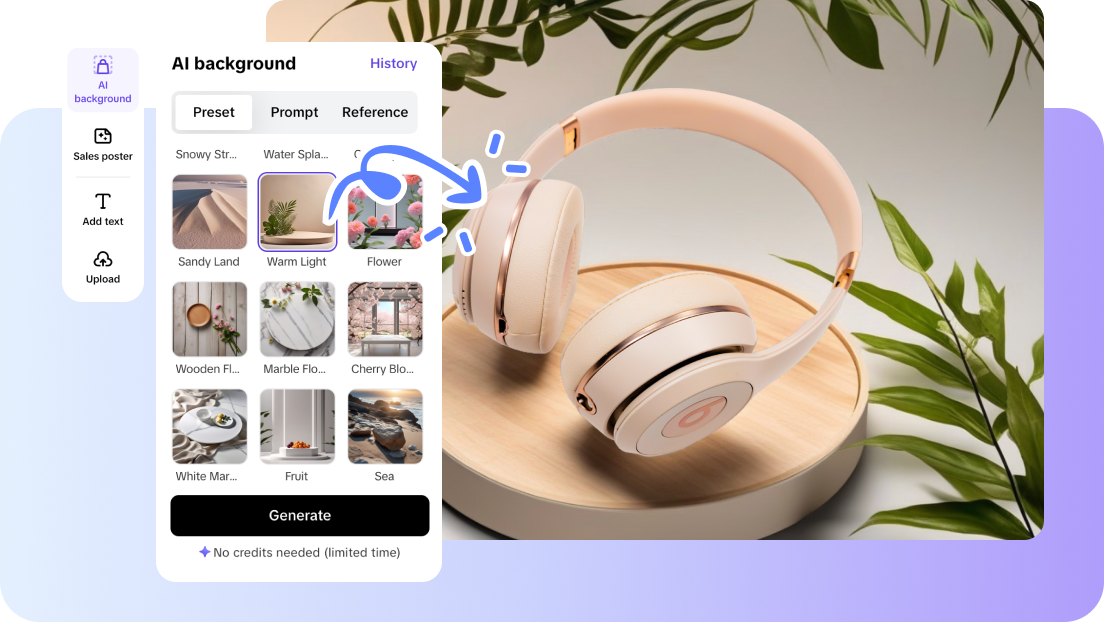 description=A side-by-side view in the Pippit editor. The left side shows an upscaled product on a plain background. The right side shows the same product placed in a beautiful, AI-generated kitchen scene.