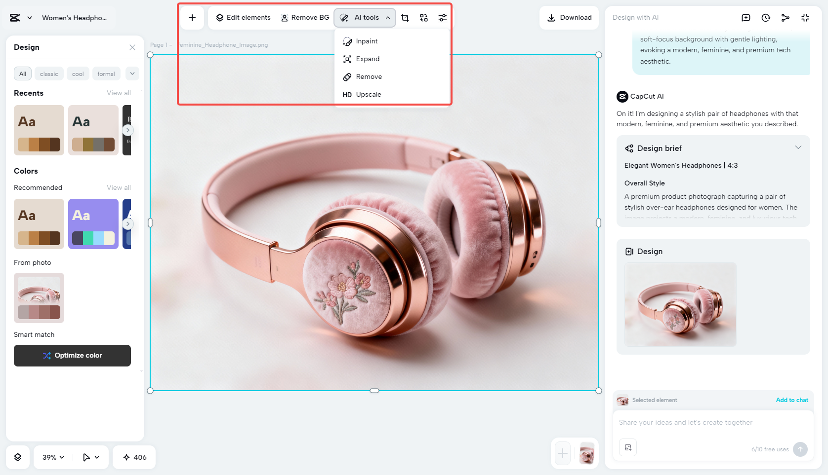 Edit the product design image using different tools