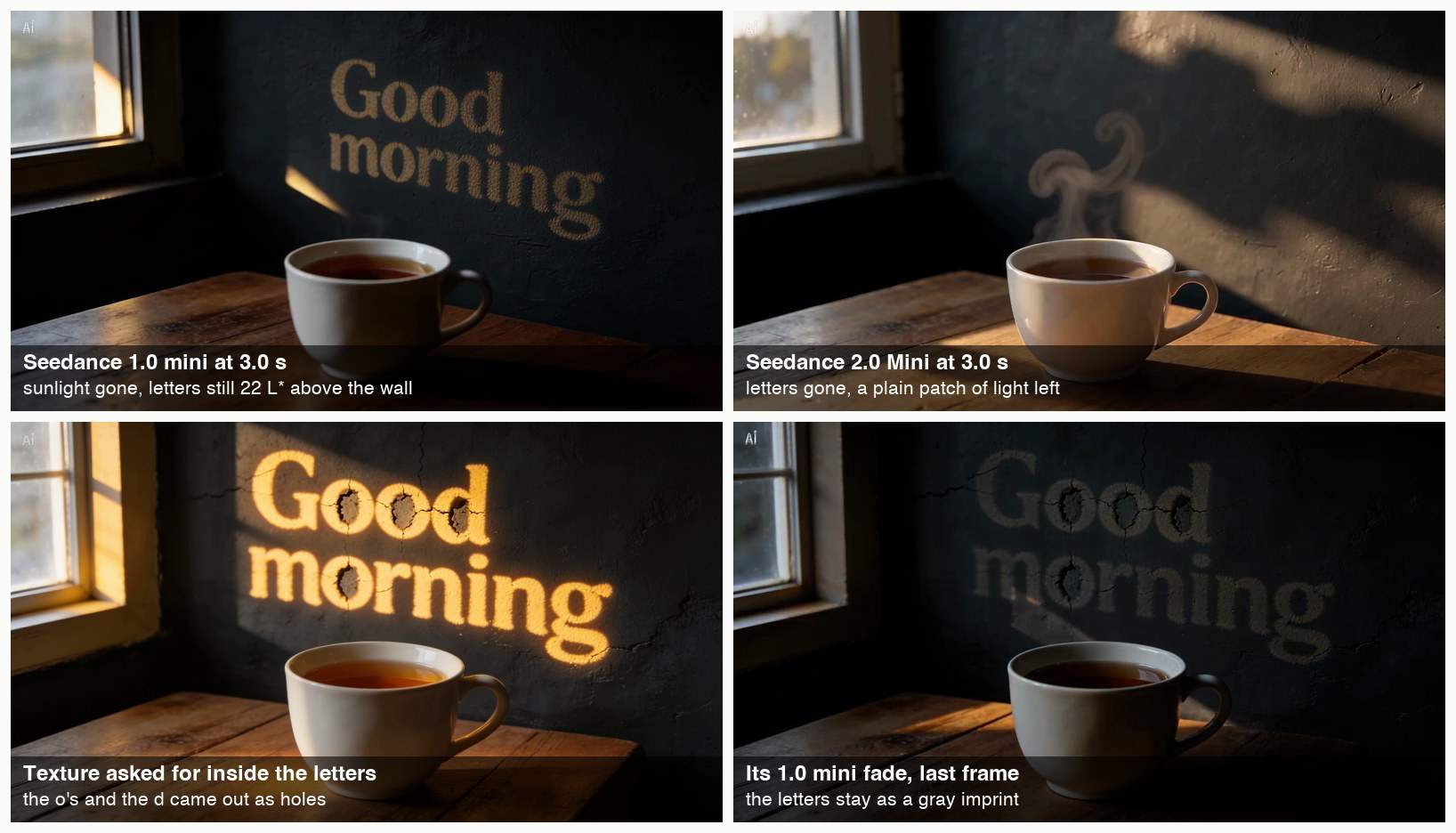 Four frames: glowing letters on a dark wall with no sunlight around them beside a wall with only a plain patch of light; below, sunlit letters with holes in the plaster and the same letters left as a gray imprint.