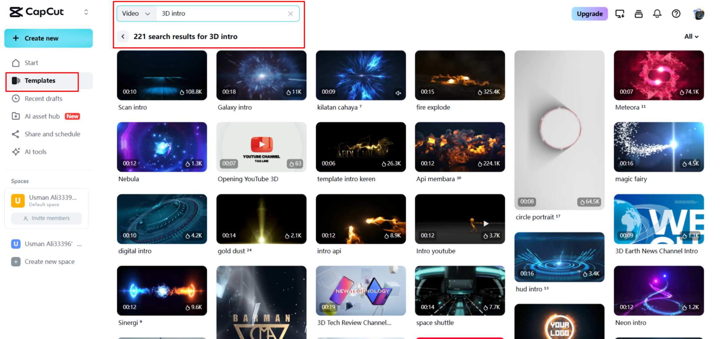 Choosing a 3D intro template in CapCut Web