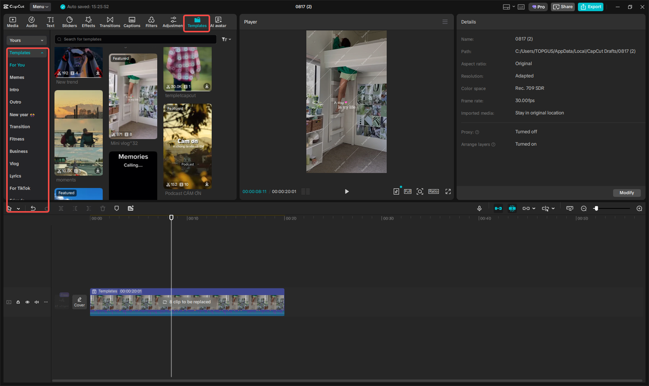 Selecting an Instagram video template in CapCut