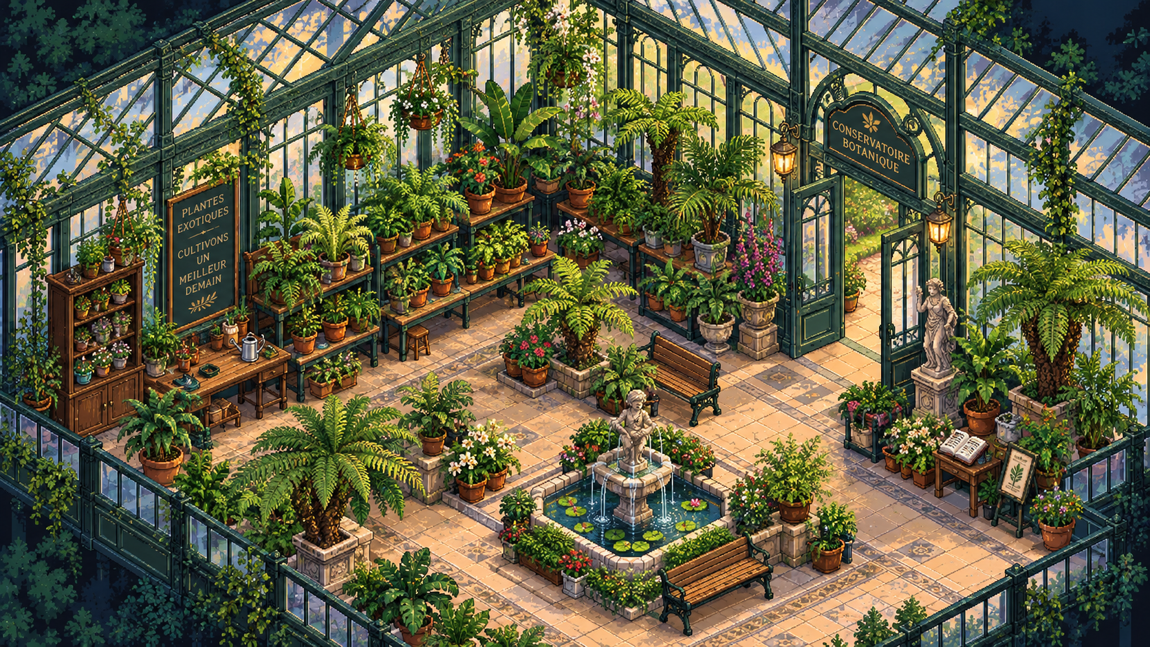 16-bit isometric pixel art botanical greenhouse